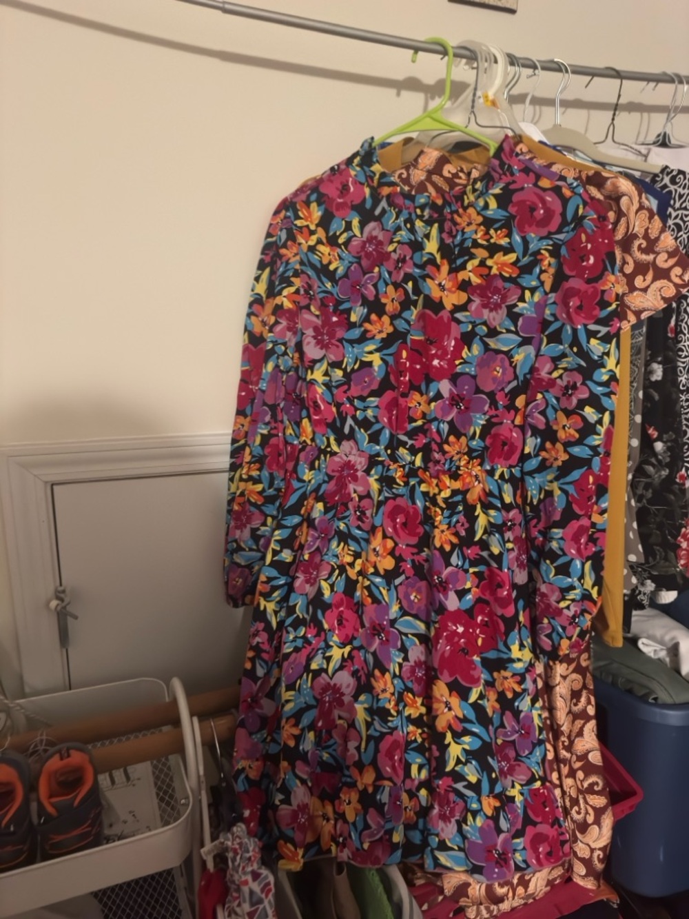 SHEIN Black Floral Ruffle Dress with Multicolor Blooms